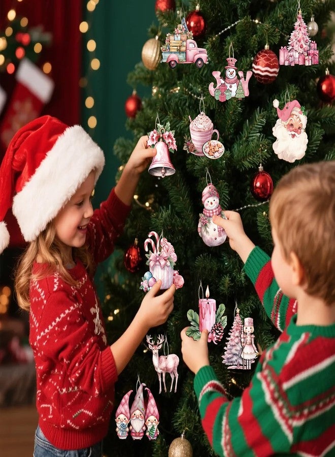 OOINQQ 36Pcs Pink Christmas Tree Hanging Ornaments, Wooden Christmas Ornaments for Tree Vintage Rustic Xmas 3D Wooden Hanging Pendants Tags for Winter Holiday Christmas Tree Home Party Decorations - Image 5